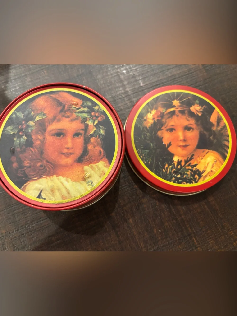 Vintage Christmas Tin Coaster Set Victorian Angel Cork Backed Like New Complete